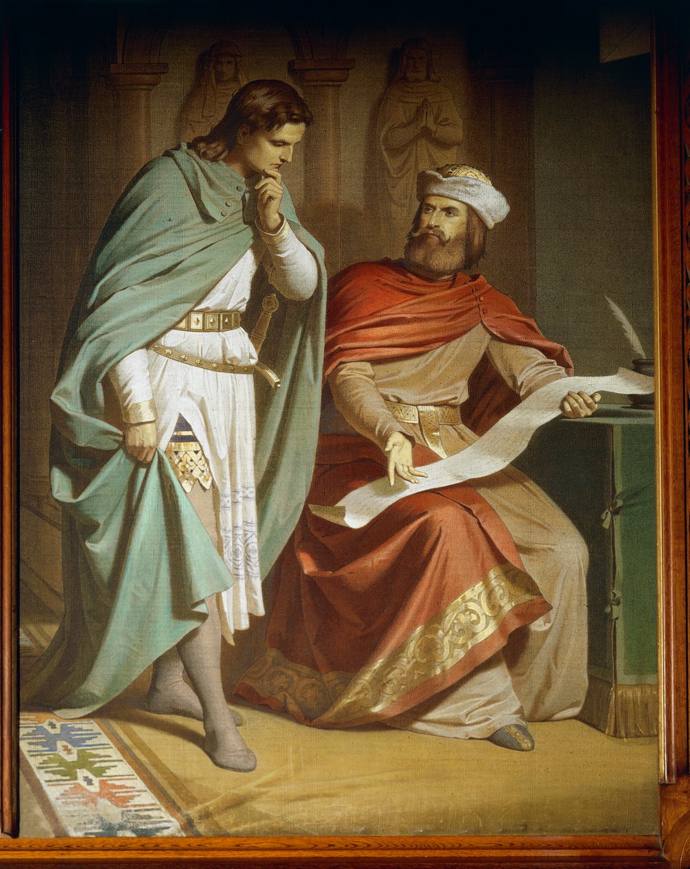 Wolfram von Eschenbach tłumaczy Waltherowi von der Vogelweide wiersz „Willehalm” z sagi Tannhauser, Jadalnia (olej na płótnie) autorstwa Ferdinand II Piloty