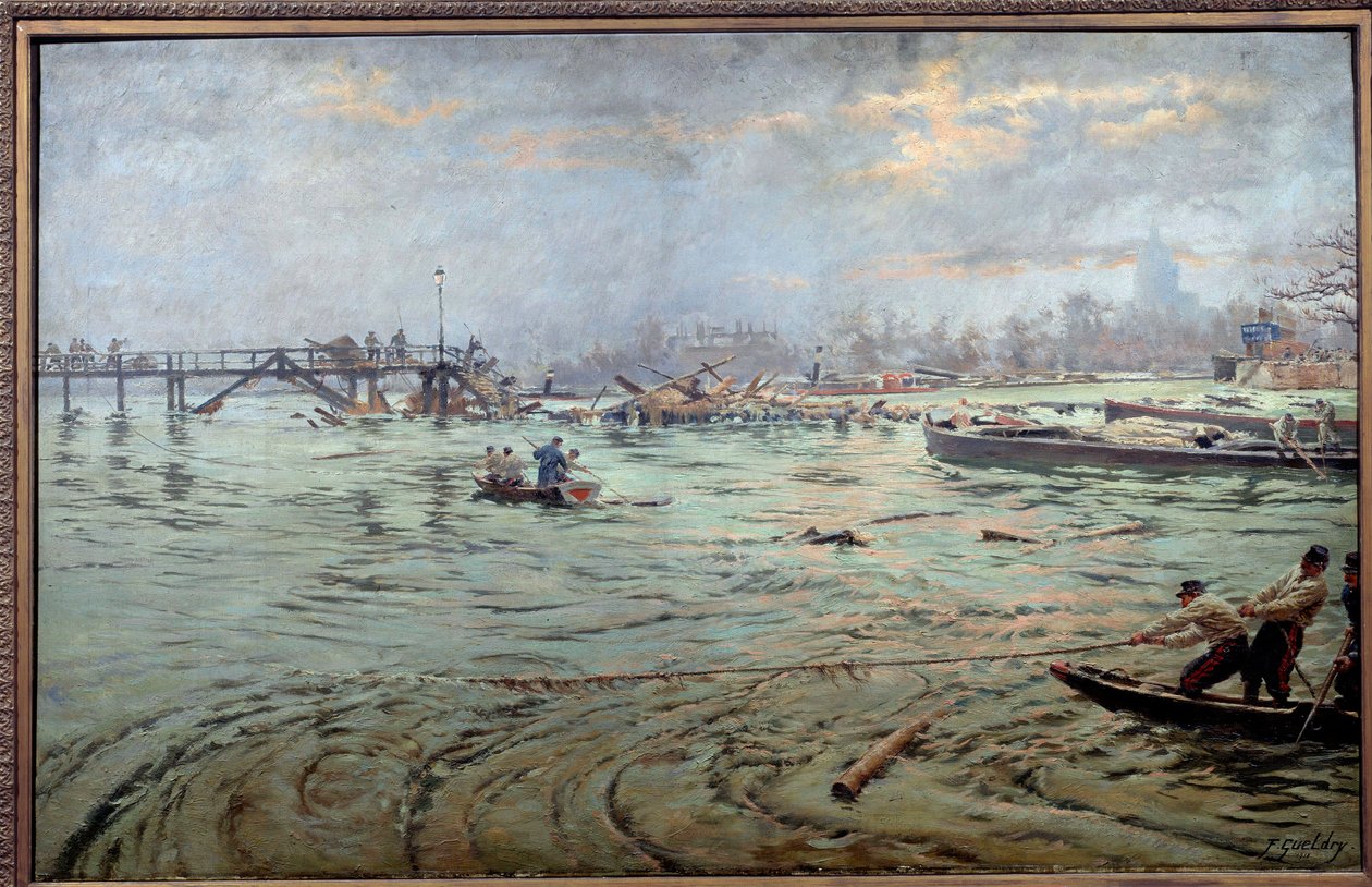 Widok mostu i nasypu Estacade w Paryżu podczas wielkiej powodzi w 1910 r. Obraz Ferdinanda Josepha Gueldry