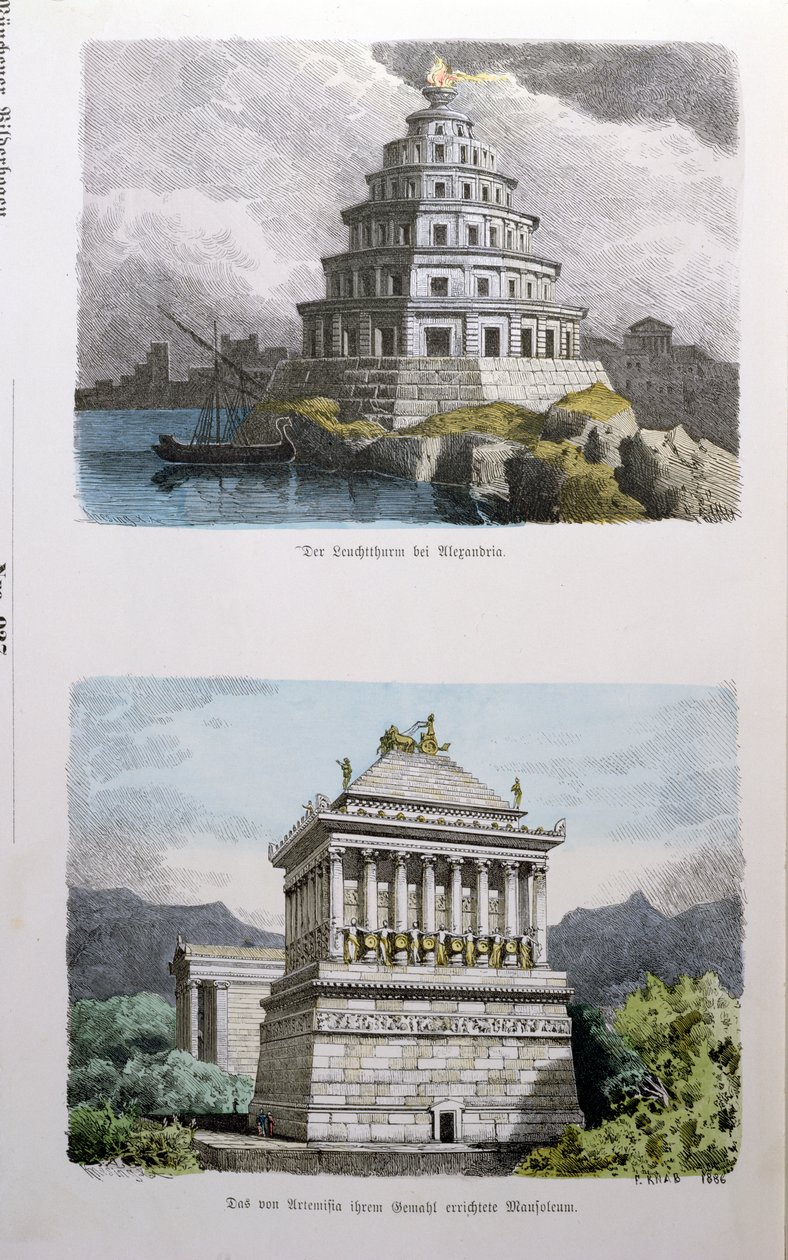 Wielka Latarnia Morska w Aleksandrii i Mauzoleum w Halikarnasie, z serii "Siedem cudów świata" opublikowanej w "Munchener Bilderbogen", 1886 r. autorstwa Ferdinand Knab