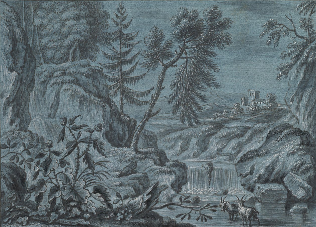 Krajobraz południowy z wodospadem i kozami, koniec XVIII wieku. autorstwa Ferdinand Kobell.