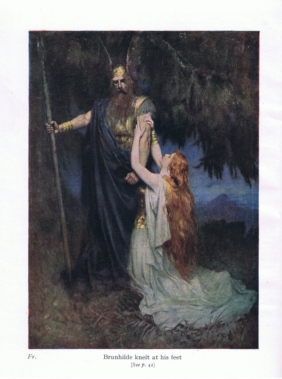 Brunhilda uklękła u jego stóp, ilustracja z pubu The Stories of Wagner