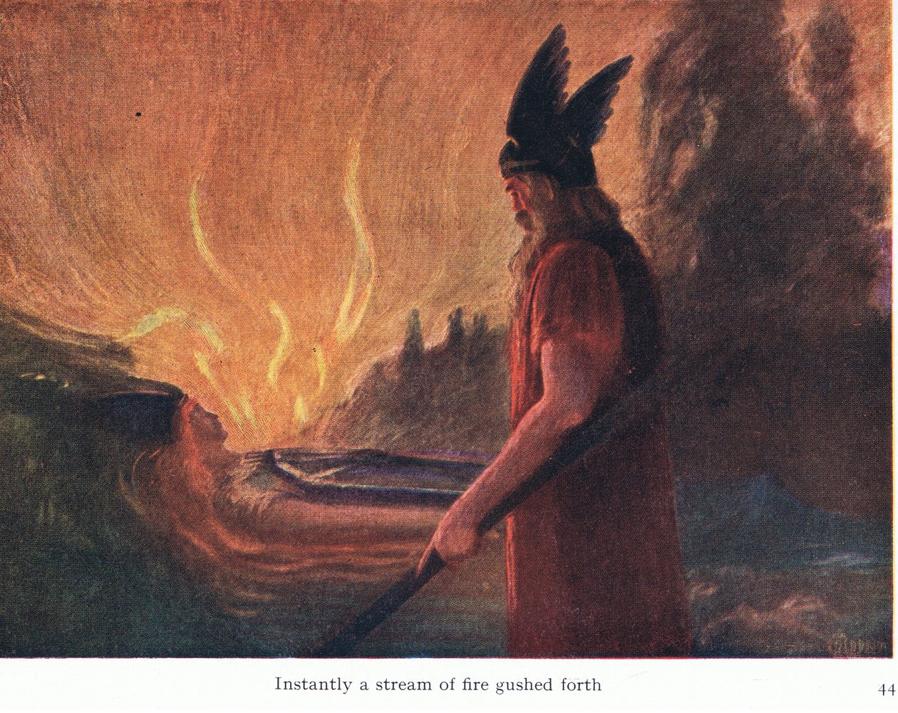 Natychmiast wytrysnął strumień ognia, ilustracja z pubu The Stories of Wagners Operas. przez George Harrap & Co Ltd 1932 autorstwa Ferdinand Lecke