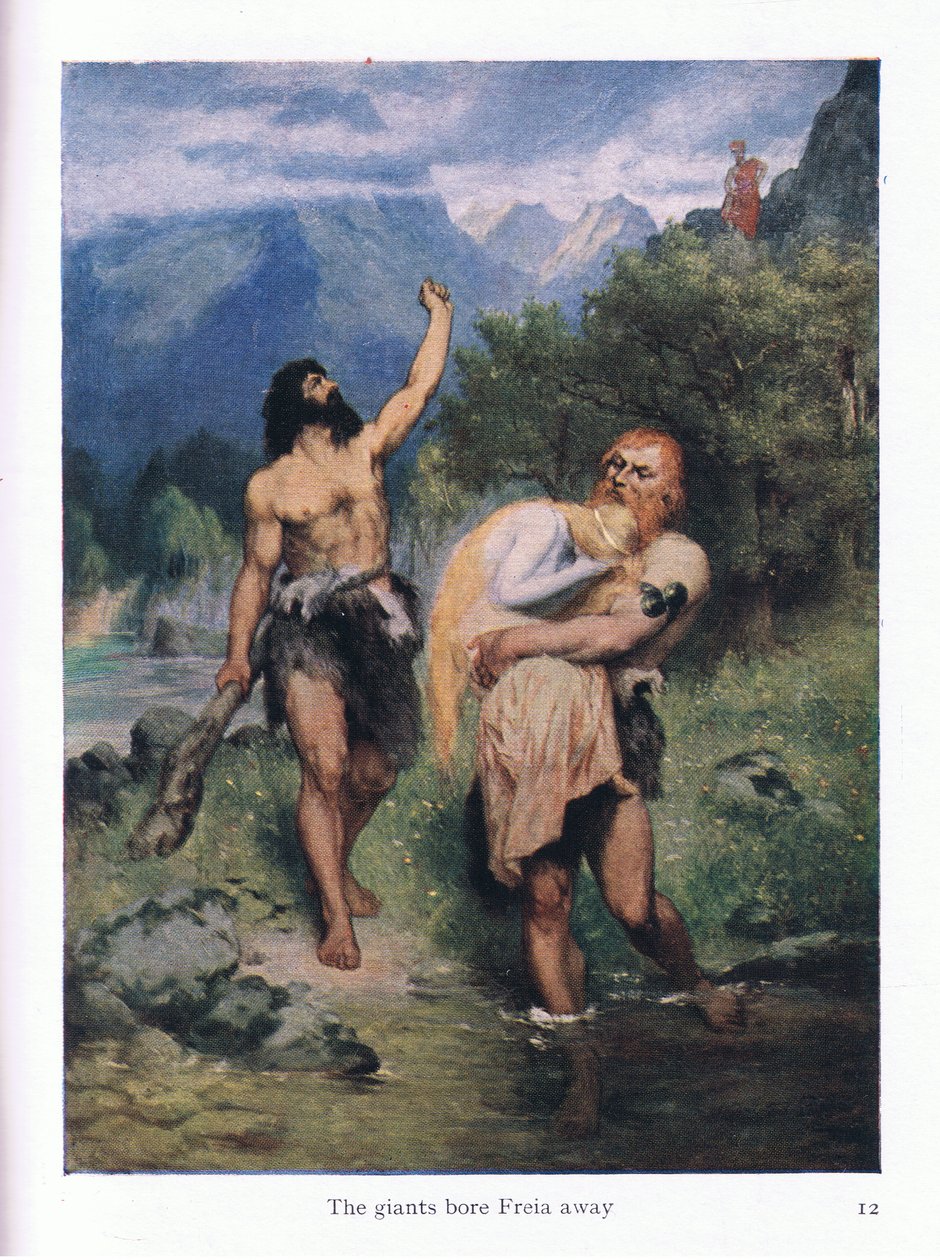 Giganci porwali Freię, ilustracja z pubu The Stories of Wagners Operas. przez George Harrap & Co Ltd 1932 autorstwa Ferdinand Lecke