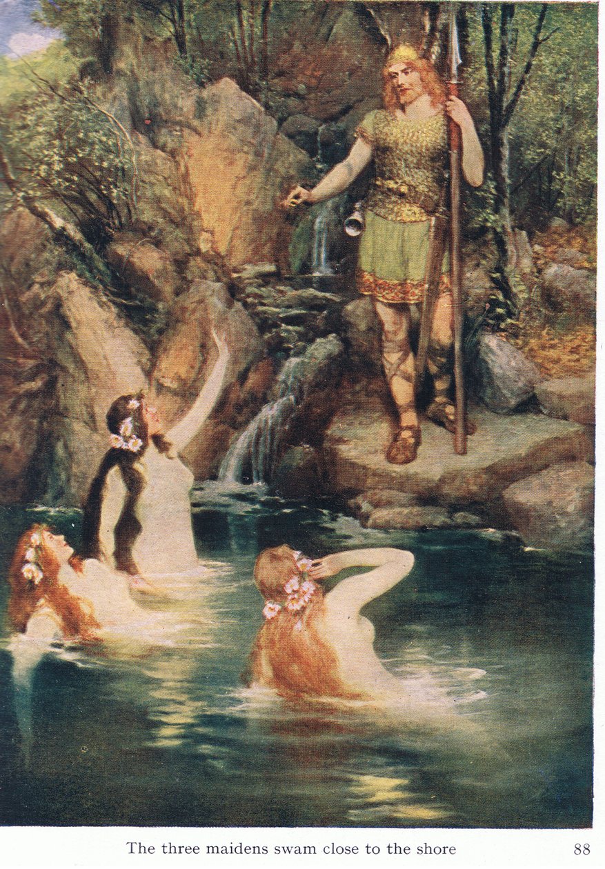 Trzy dziewice pływały blisko brzegu, ilustracja z pubu The Stories of Wagner