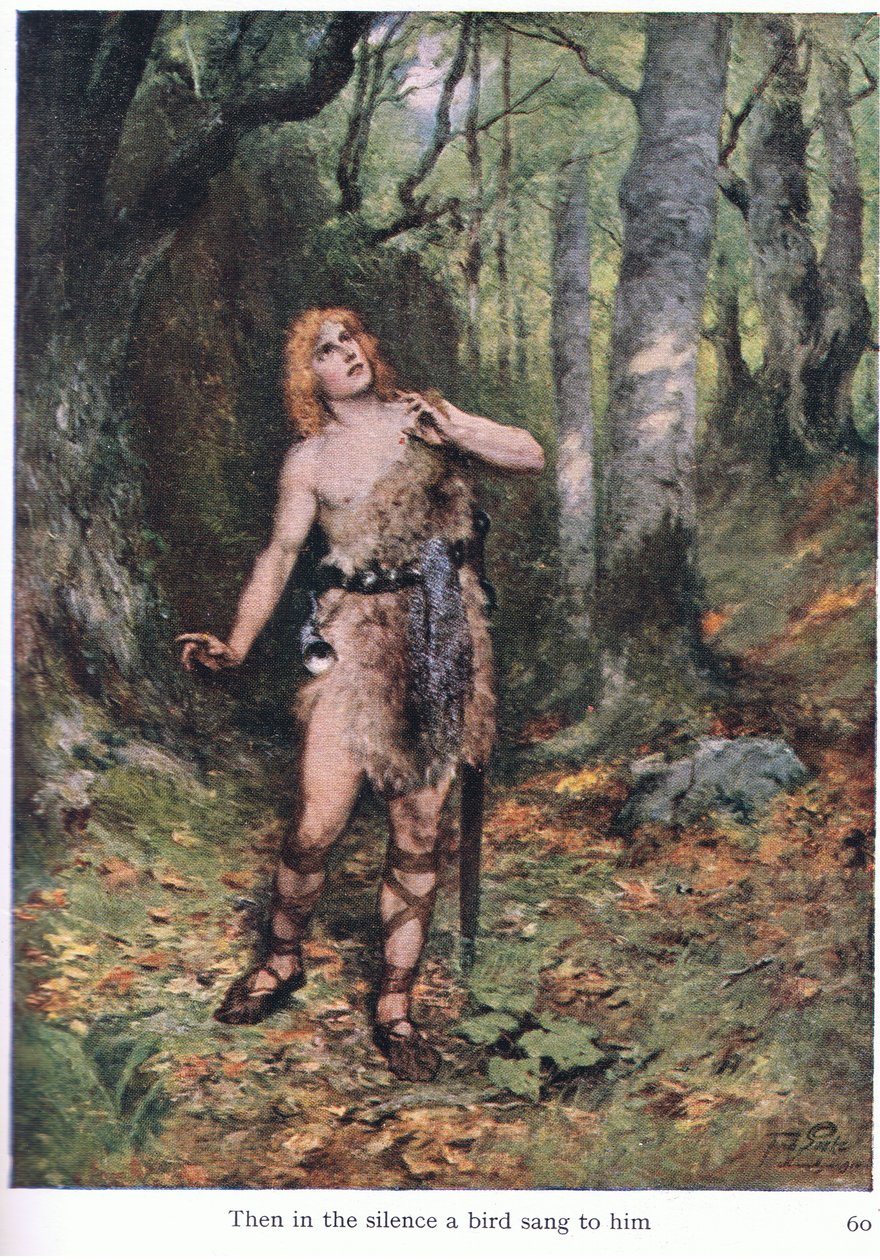 Potem w ciszy zaśpiewał mu ptak, ilustracja z pubu The Stories of Wagners Operas. przez George Harrap & Co Ltd 1932 autorstwa Ferdinand Lecke