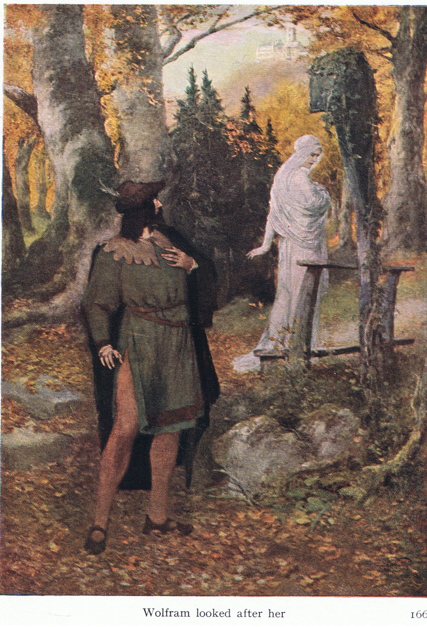 Wolfram opiekował się nią, ilustracja z The Stories of Wagners Operas pub. przez George Harrap & Co Ltd 1932 autorstwa Ferdinand Lecke
