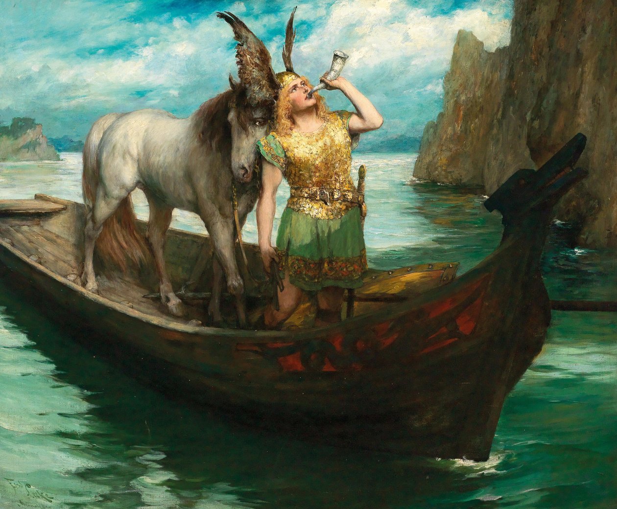 Zygfryd Podróż nad Ren. Zmierzch bogów. Piosenkarz Hubert Leuer jako Siegfried, 1908. autorstwa Ferdinand Leeke