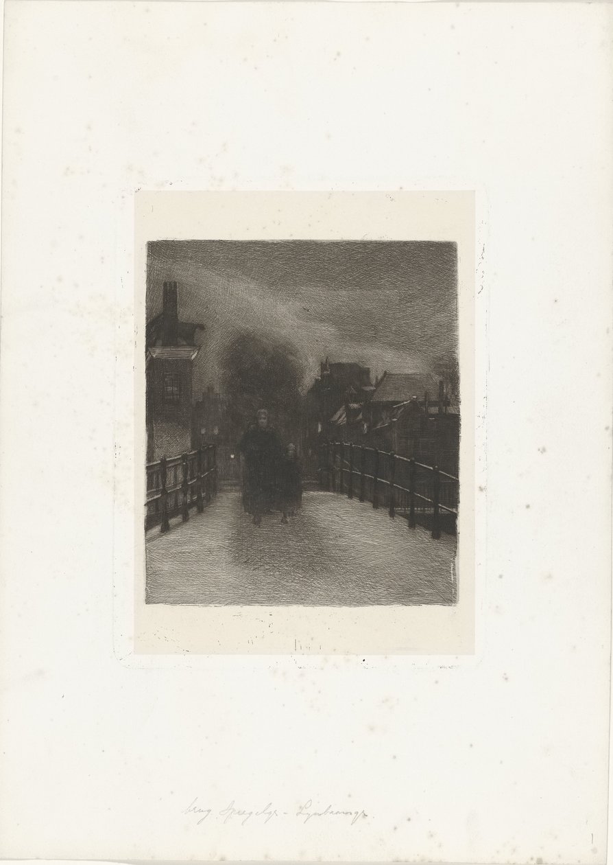 Stara kobieta z dzieckiem na moście Zimowy Wieczór (tytuł na obiekcie) autorstwa Ferdinand Oldewelt (signed by artist)