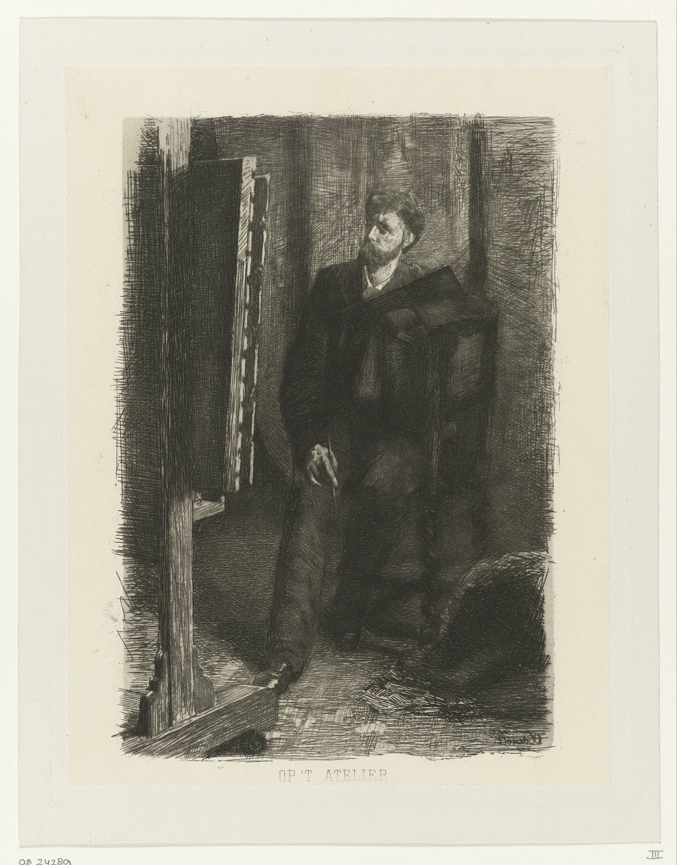 Portret artysty stojącego za sztalugą W studio (tytuł na obiekcie) autorstwa Ferdinand Oldewelt