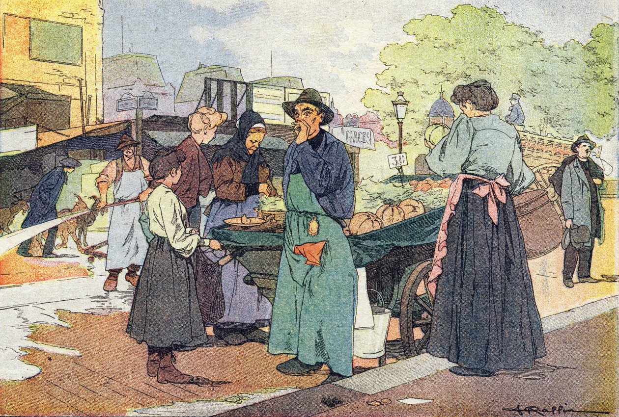 Kupiec na cztery pory roku, w książce obrazkowej z dzieciństwa, ok. 1900 r. (grawerunek) autorstwa Ferdinand Raffin