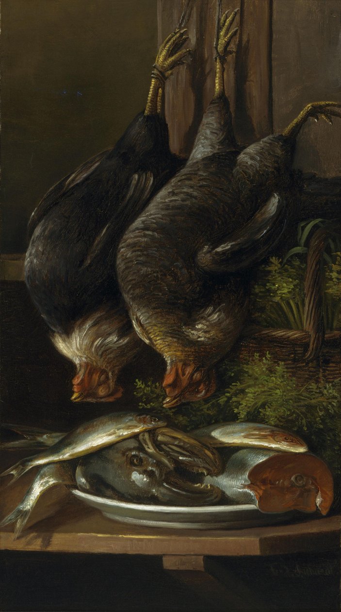 Martwa natura z kurczakami i rybami autorstwa Ferdinand Richardt