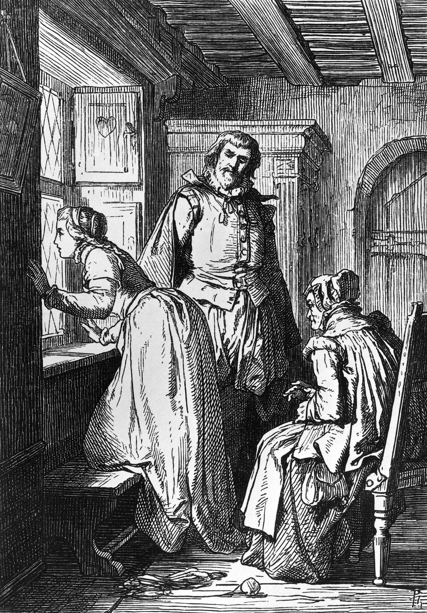 Klaerchen czeka na Egmonta, ilustracja do Egmonta, tragedia Johanna Wolfganga von Goethego (1749-1832), drzeworyt według rysunku Ferdynanda Rothbarta (1823-1899) autorstwa Ferdinand Rothbart