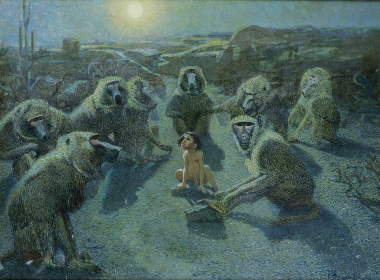 Mowgli schwytany przez małpy (olej i tusz na płótnie) autorstwa Ferdinand Schebek