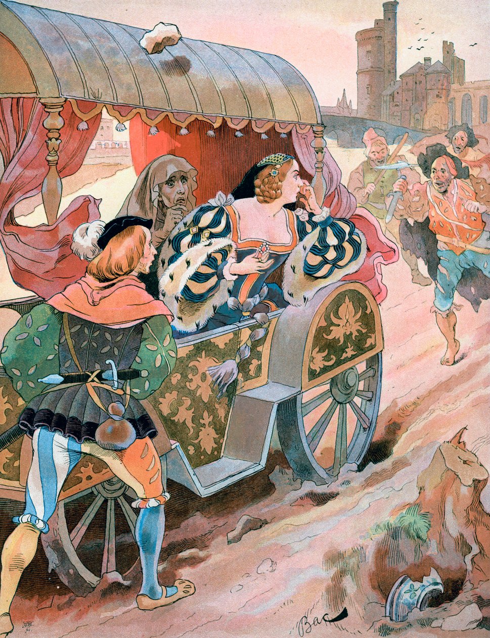 Atak na powóz, Quai de Nesles, panowanie Franciszka I, XVI w., ok. 1870-1950. autorstwa Ferdinand Sigismund Bac