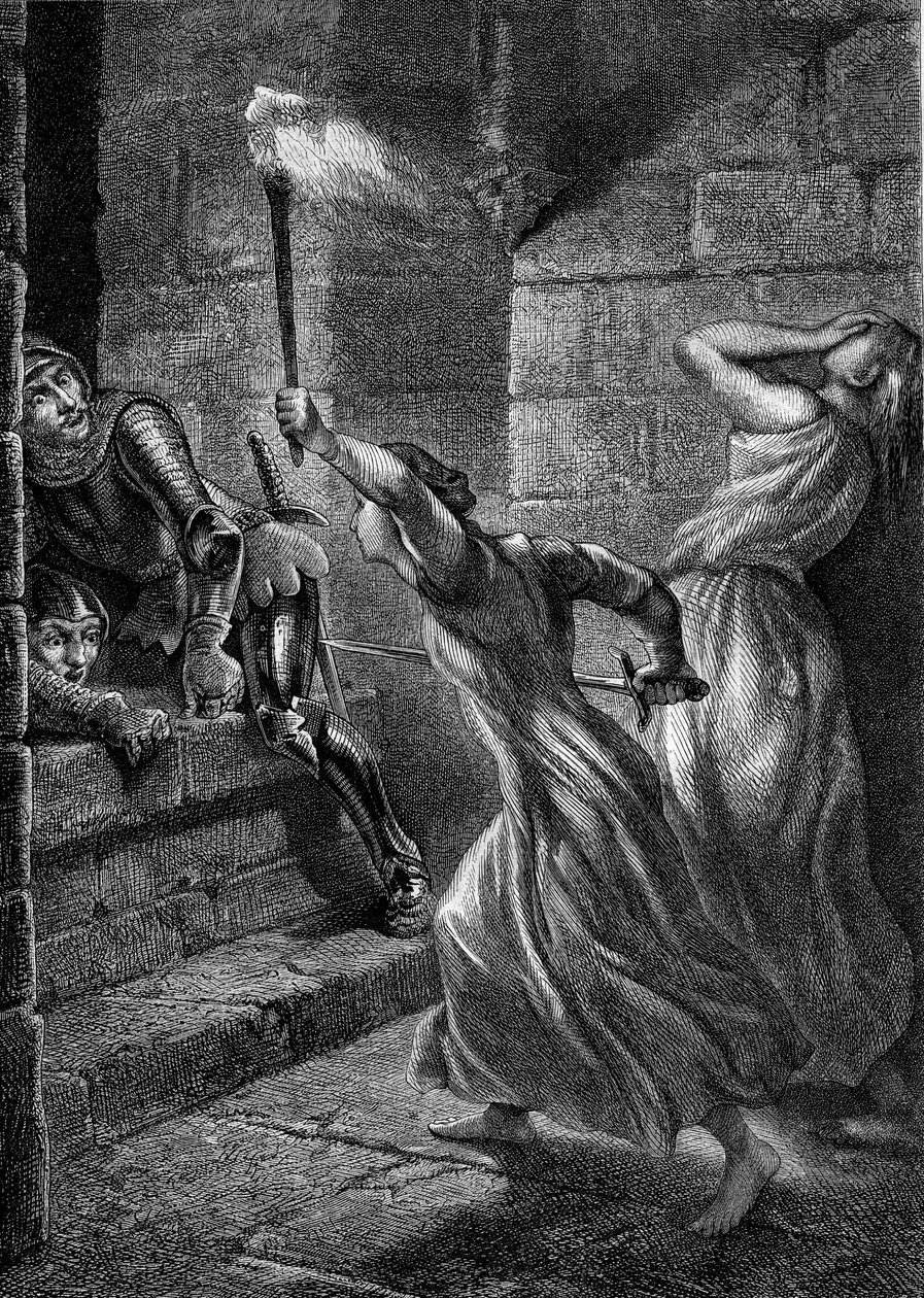 Heroizm: Julienne Du Guesclin, siostra Bertranda Duguesclina, złapała świnię, aby odeprzeć angielskich żołnierzy próbujących najechać zamek Pontorson. 14 wiek. Grawerowanie z 1864 r. autorstwa Eugene