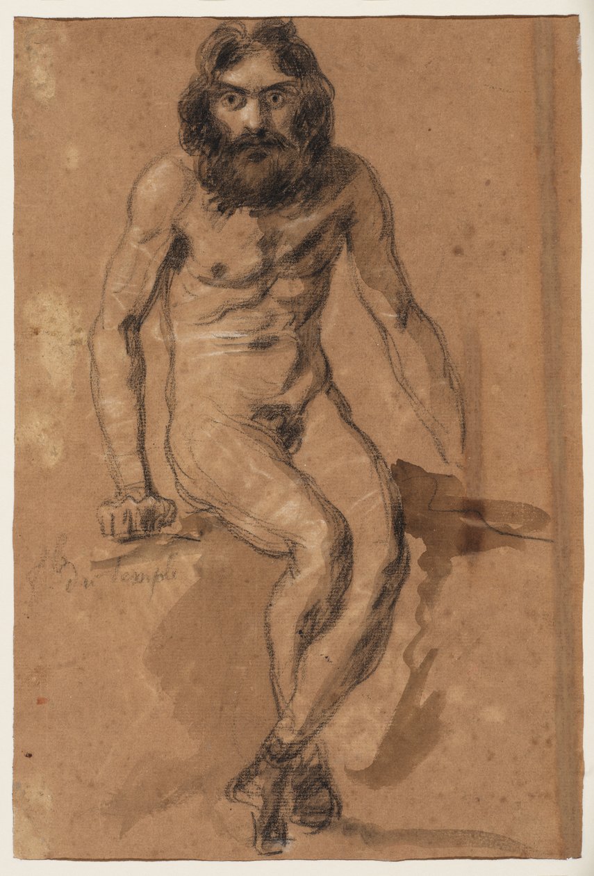 Biegnące konie (recto); nagi brodaty mężczyzna w pozycji siedzącej (verso), ok. 1800-1899 (czarno-biała kreda (recto), czarno-biała kreda i brązowe pranie (verso), na brązowym papierze) autorstwa Ferdinand Victor Eugene (after) Delacroix