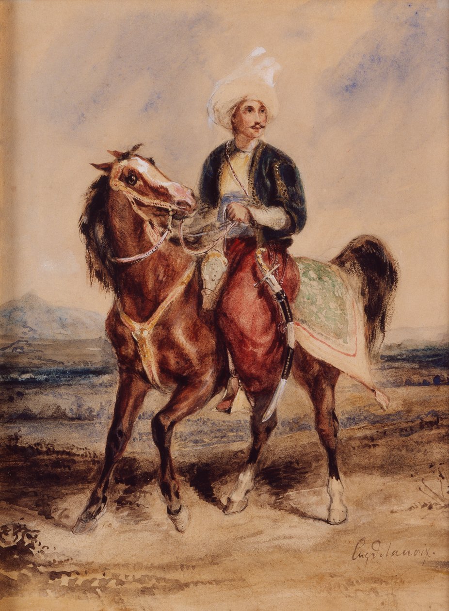 Arabski wojownik na koniu w pejzażu (akwarela na papierze) autorstwa Ferdinand Victor Eugene Delacroix