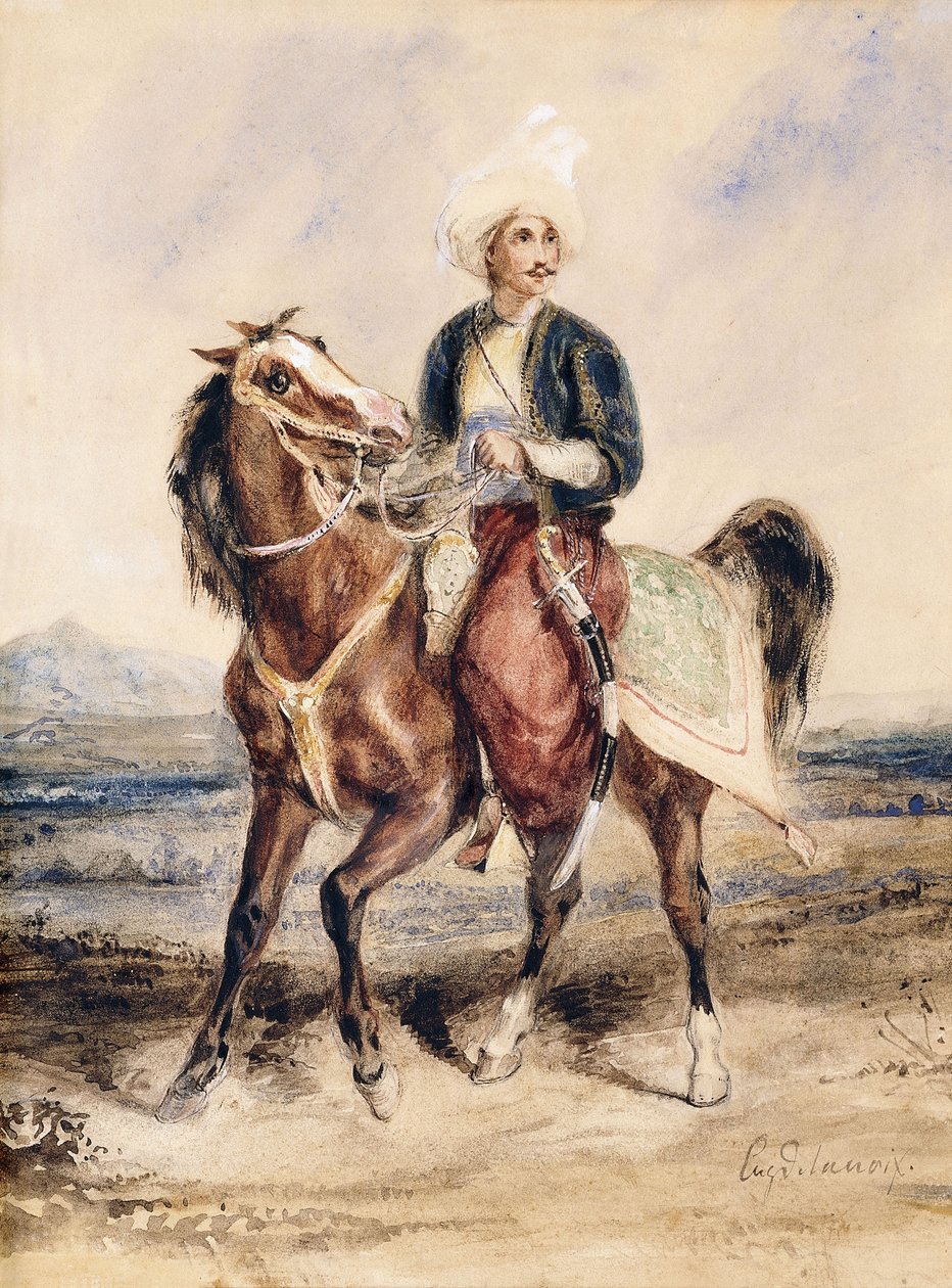 Arabski wojownik na koniu w krajobrazie, autorstwa Ferdinand Victor Eugene Delacroix