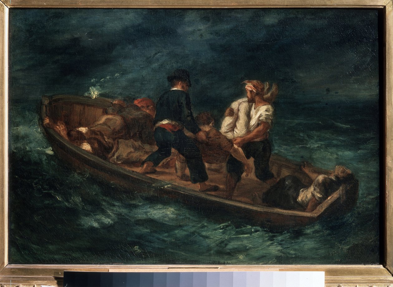 „After a Shipwreck” (zwany także „Opuszczonymi wrakami w kajaku”) Ocalali z wraku statku na tratwie. Obraz Eugene Delacroix (1798-1863) 1847 Muzeum Sztuk Pięknych im. Puszkina, Moskwa autorstwa Ferdinand Victor Eugene Delacroix