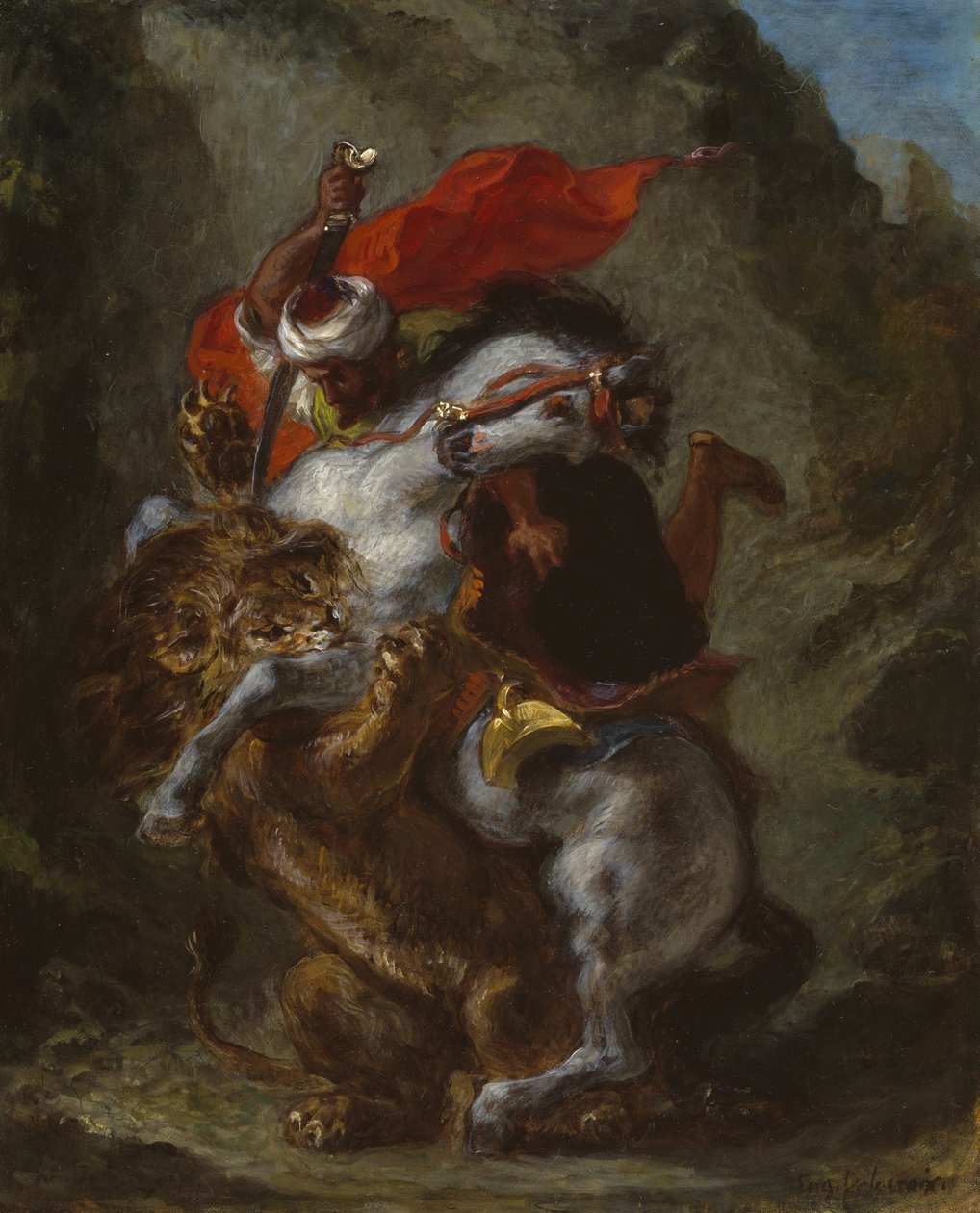 Arabski jeździec zaatakowany przez lwa, 1849-50 autorstwa Ferdinand Victor Eugene Delacroix