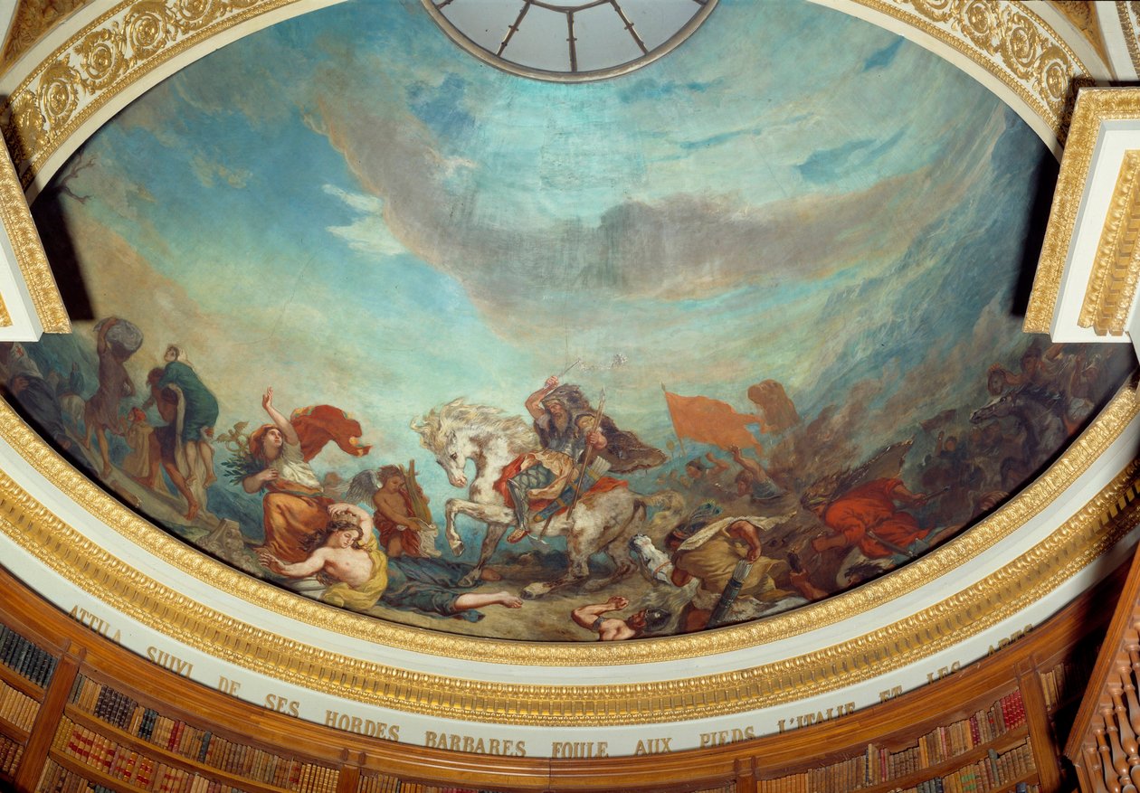 Attila (395-453) wódz plemienia Hunów, a za nim jego barbarzyńskie hordy stłoczyły się we Włoszech w 452 Fresco Eugene Delacroix (1798-1863) dekorujący kopułę biblioteki Zgromadzenia Narodowego (Palais Bourbon) 1843 Paryż autorstwa Ferdinand Victor Eugene Delacroix