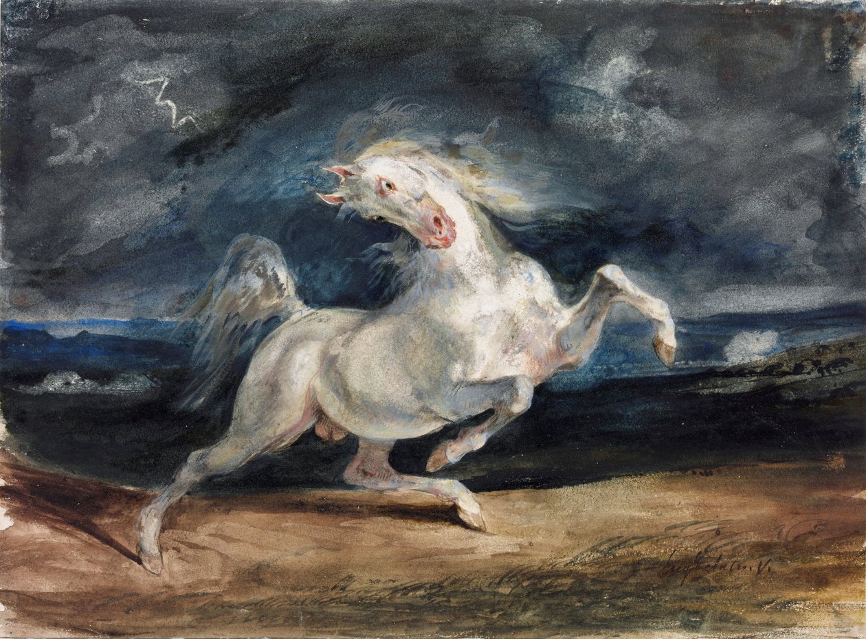 Cheval effraye par la foudre - Koń przestraszony piorunem - Delacroix, Eugene (1798-1863) - 1825-1829 - Akwarela, gwasz na papierze - 23,6x32 - Muzeum Szepmuveszeti, Budapeszt autorstwa Ferdinand Victor Eugene Delacroix