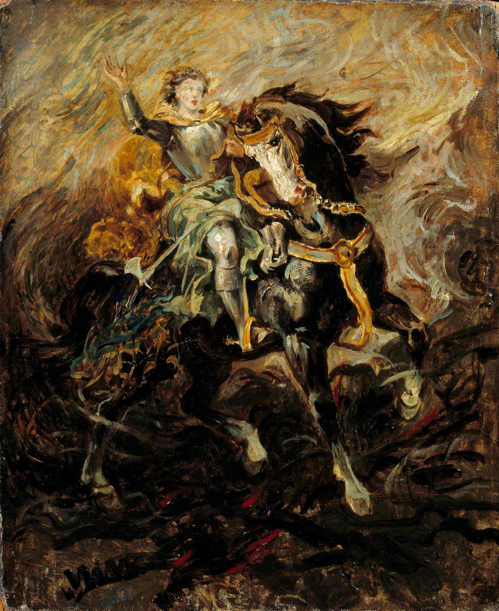 Clorinde interweniuje, by uratować Olinde i Sophronię Ilustracja przedstawiająca scenę „La Jerusalem delivree” Torquato Tasso (La gerusalemme liberata). Obraz Eugene Delacroix (1798-1863) XIX w. Słońce. 0,61x0,5m² autorstwa Ferdinand Victor Eugene Delacroix