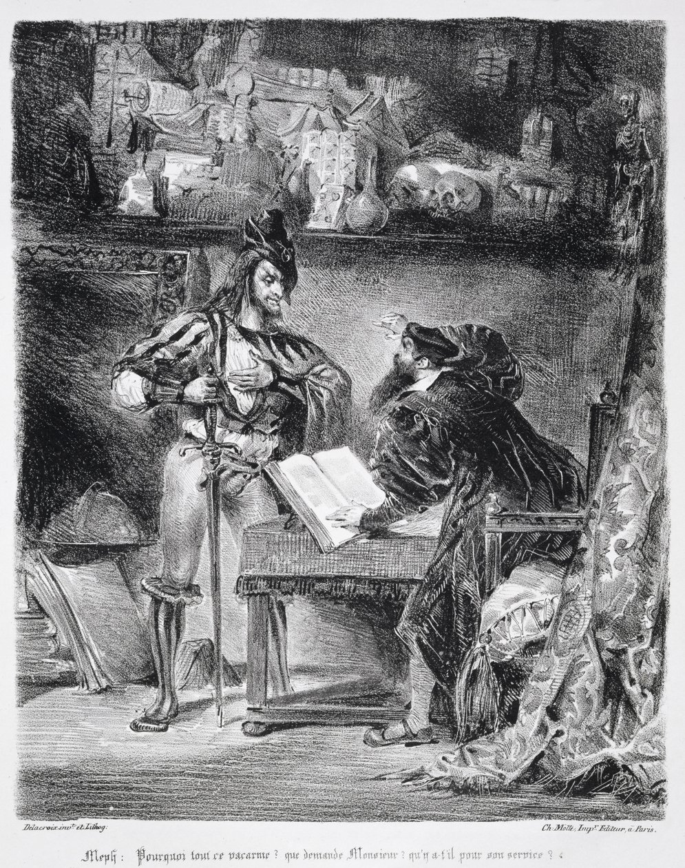 Pierwsze spotkanie Fausta z Mefistofelesem: „Po co cały ten hałas”, z Fausta Goethego, 1828, (ilustracja) (bw fotografia litografii) autorstwa Ferdinand Victor Eugene Delacroix