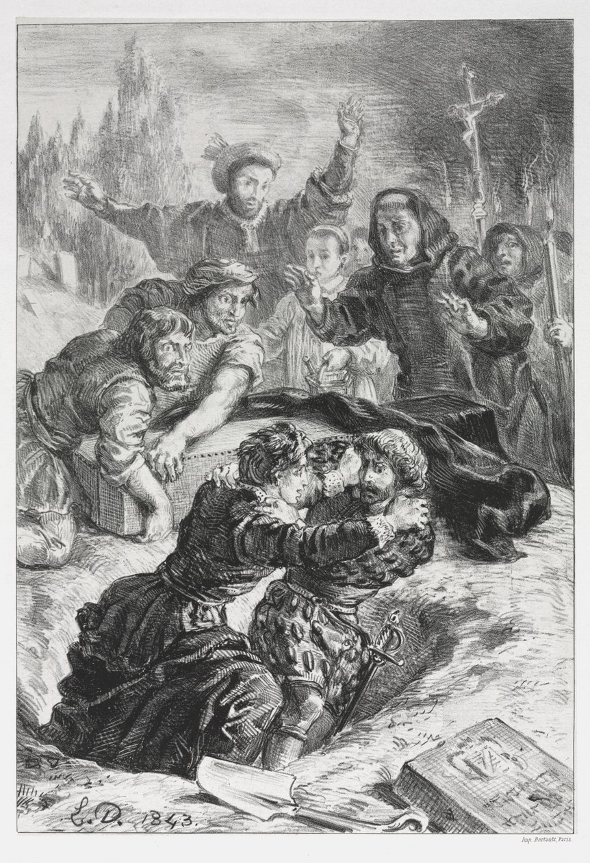 Hamlet: Hamlet i Laertes w grobie Ofelii, 1843. autorstwa Ferdinand Victor Eugene Delacroix