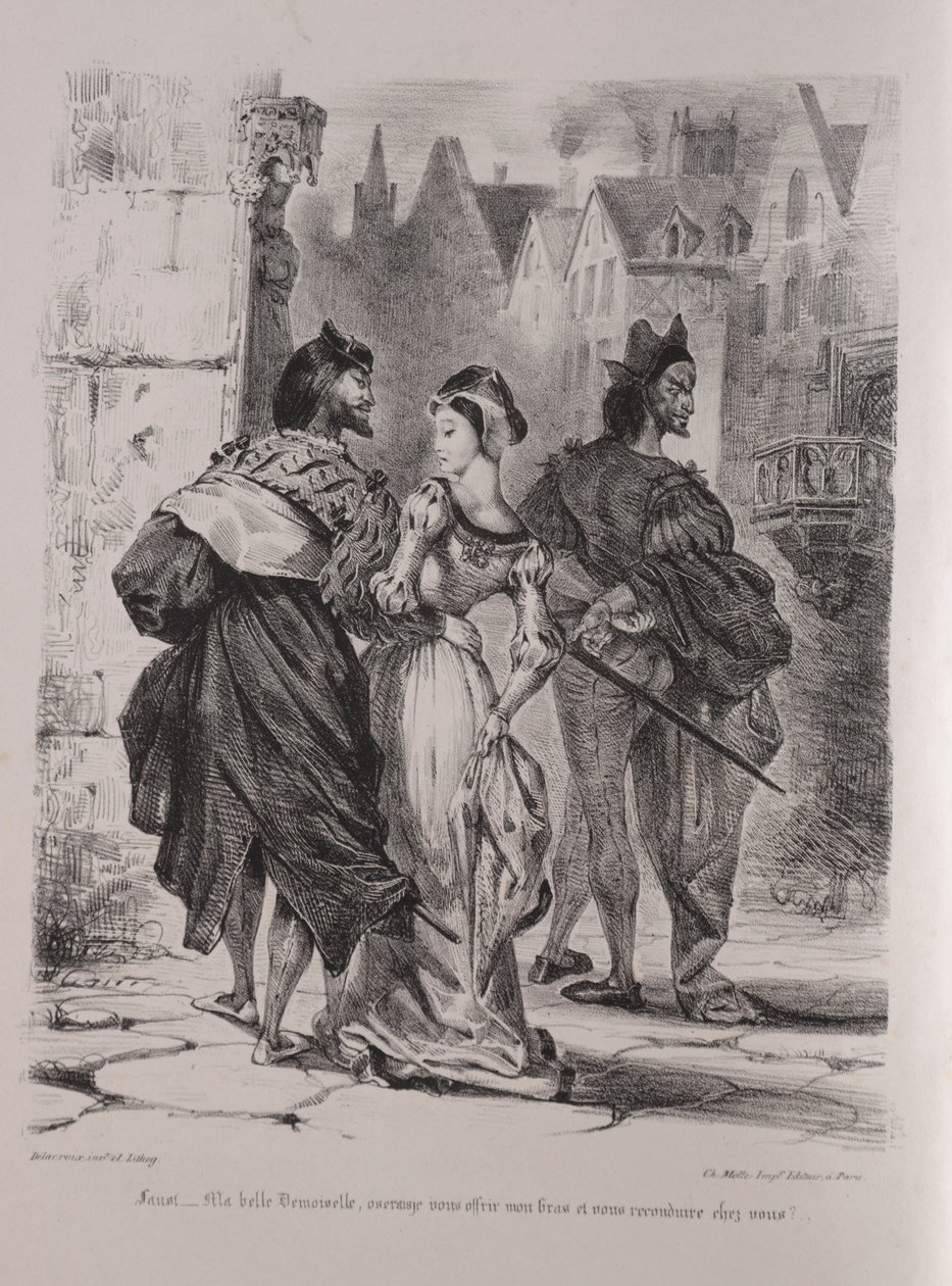 Ilustracje do Fausta: Faust stara się zwabić Marguerite, 1828. autorstwa Ferdinand Victor Eugene Delacroix