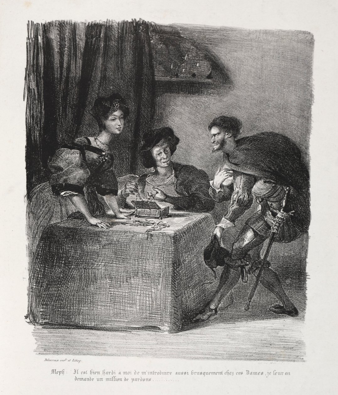 Ilustracje do Fausta: Mefistofeles jest w Marthe, 1828. autorstwa Ferdinand Victor Eugene Delacroix