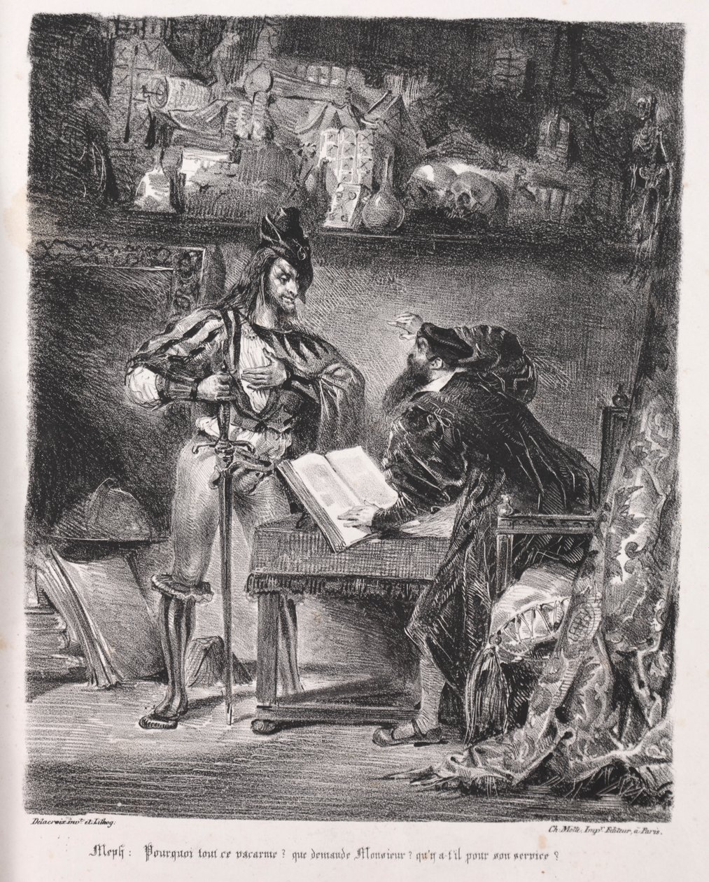 Ilustracje do Fausta: Méphistophélés odwiedza Fausta, 1828. autorstwa Ferdinand Victor Eugene Delacroix