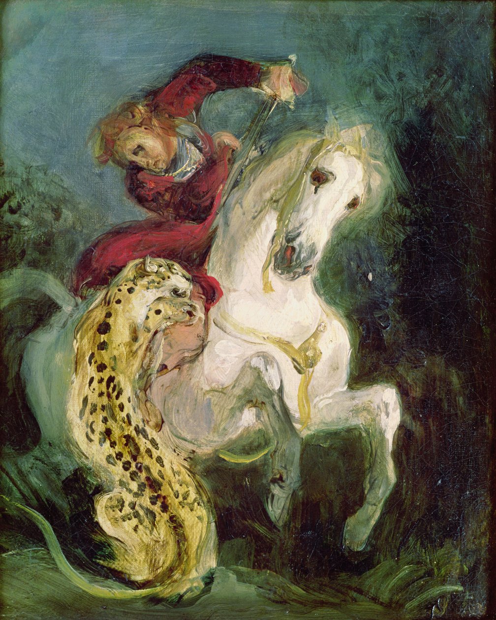 Jaguar atakujący jeźdźca, ok.1855 autorstwa Ferdinand Victor Eugene Delacroix
