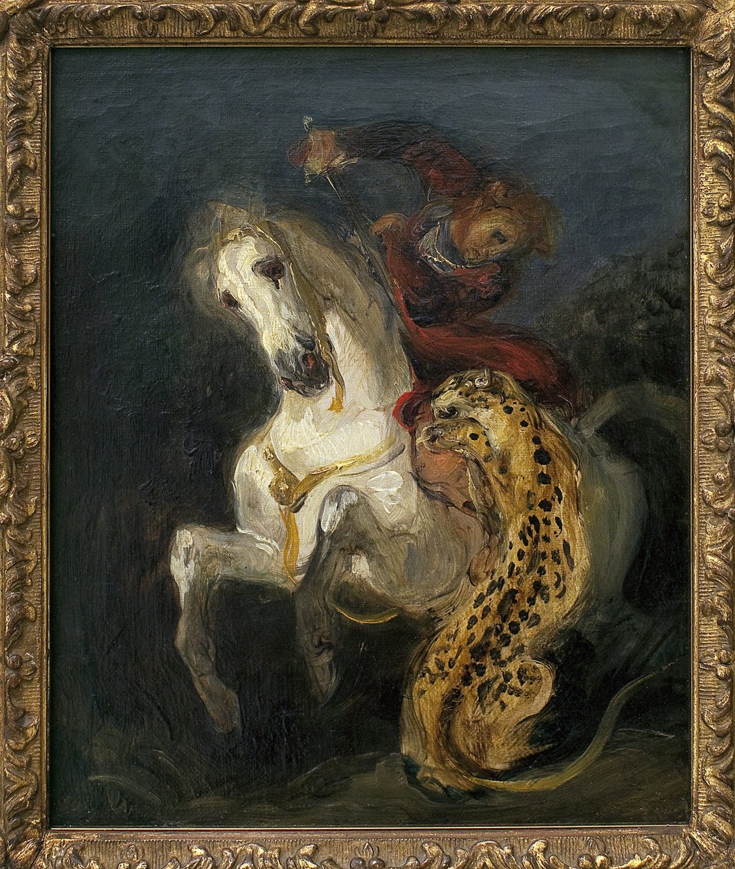 Jaguar atakujący jeźdźca. Obraz Eugene Delacroix (1798-1863), olej na płótnie autorstwa Ferdinand Victor Eugene Delacroix