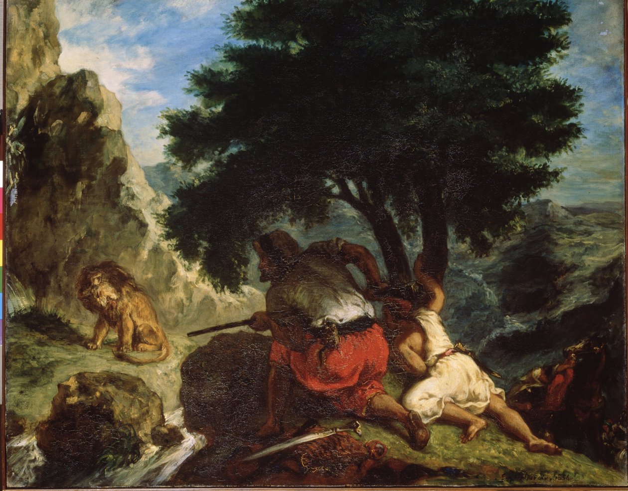 ""Polowanie na lwa w Maroku"" (Polowanie na lwa w Maroku) Obraz Eugene Delacroix (1798-1863) 1854 Orientalizm Wymiary 74x92 cm Ermitaż, Sankt Petersburg autorstwa Ferdinand Victor Eugene Delacroix
