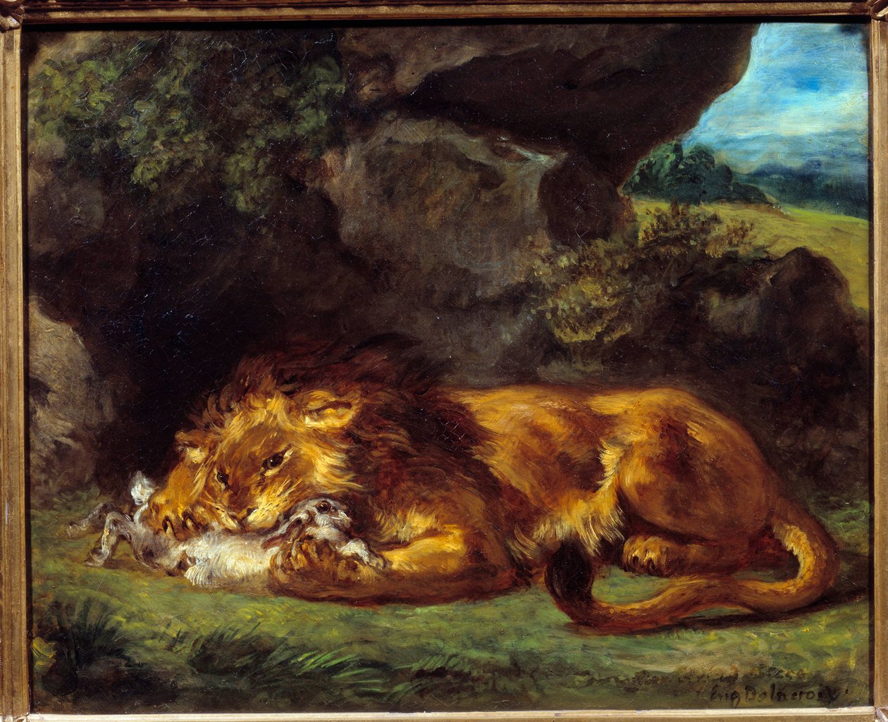 Lew bijący królika. Obraz Eugene Delacroix (1798-1863) autorstwa Ferdinand Victor Eugene Delacroix