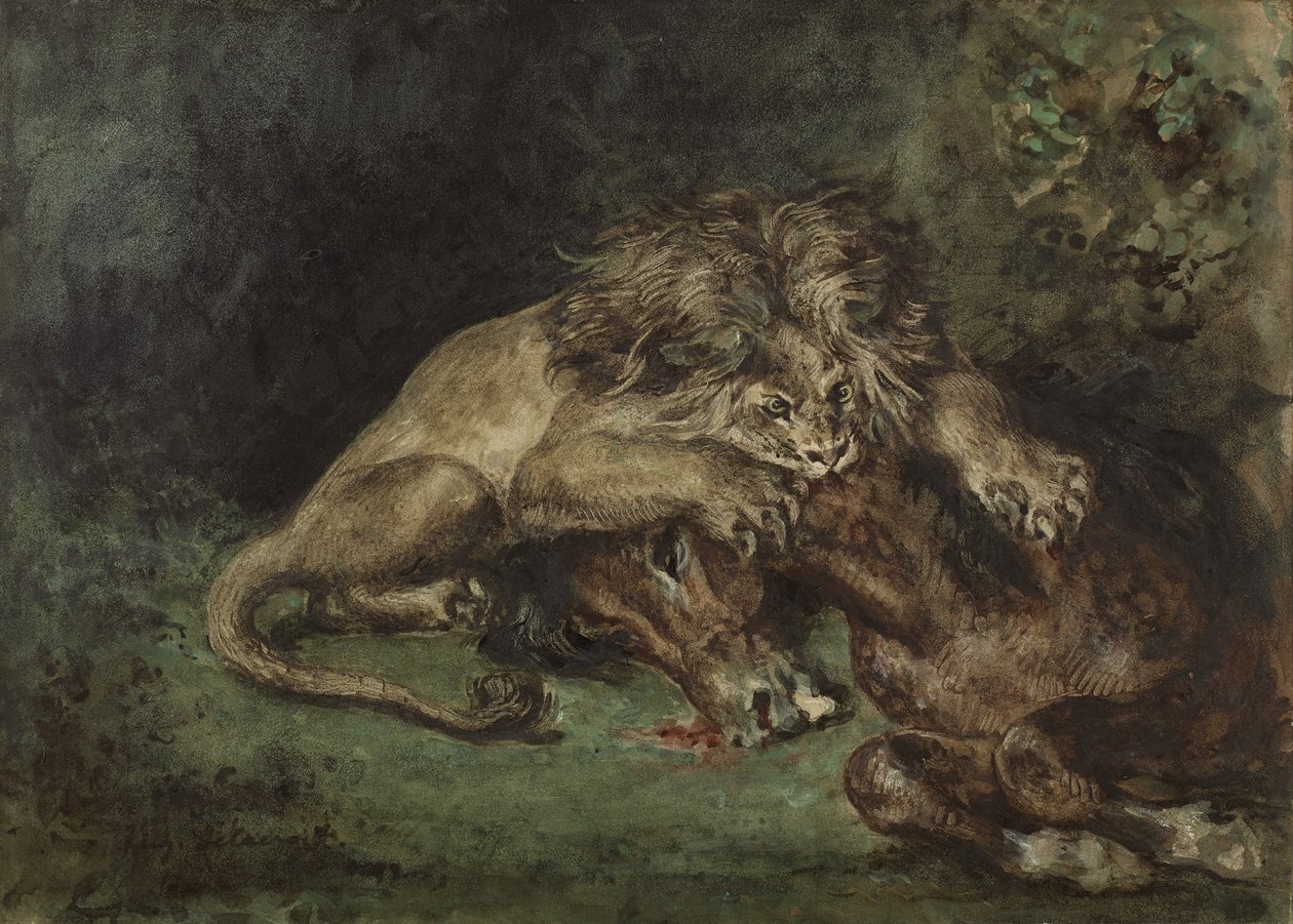 Lion dévorant un cheval (Lew pożerający konia), ok. 1930 r. 1844 (akwarela, bodycolor i guma arabska z grafitem na papierze, mocowana do deski) autorstwa Ferdinand Victor Eugene Delacroix