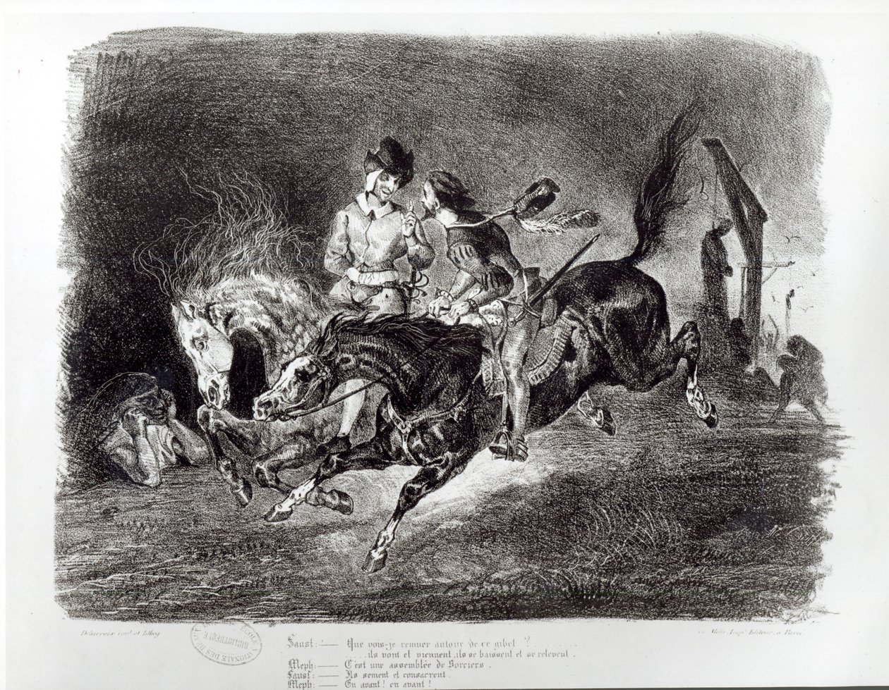 Mefistofelis ir Faustas jojimas naktį, Goethe iliustracija Faustui, 1828 m. autorstwa Ferdinand Victor Eugene Delacroix