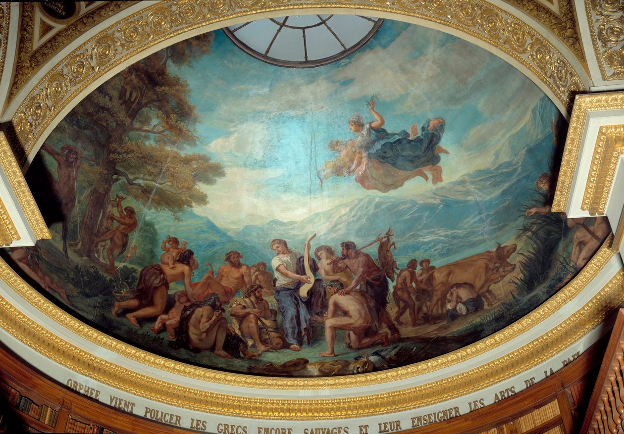 Orphee przybywa na policję wciąż dzikich Greków i uczy sztuki pokoju Fresk Eugene Delacroix (1798-1863) dekorujący kopułę biblioteki Zgromadzenia Narodowego (Palais Bourbon) 1843 Paryż autorstwa Ferdinand Victor Eugene Delacroix