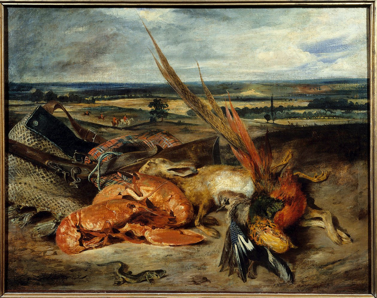 Obraz martwej natury z homarem i trofeami myśliwskimi i wędkarskimi Obraz Eugene Delacroix (1798-1863) 1827 nd. 0,80 x 1,06 m Paryż. Muzeum w Luwrze autorstwa Ferdinand Victor Eugene Delacroix