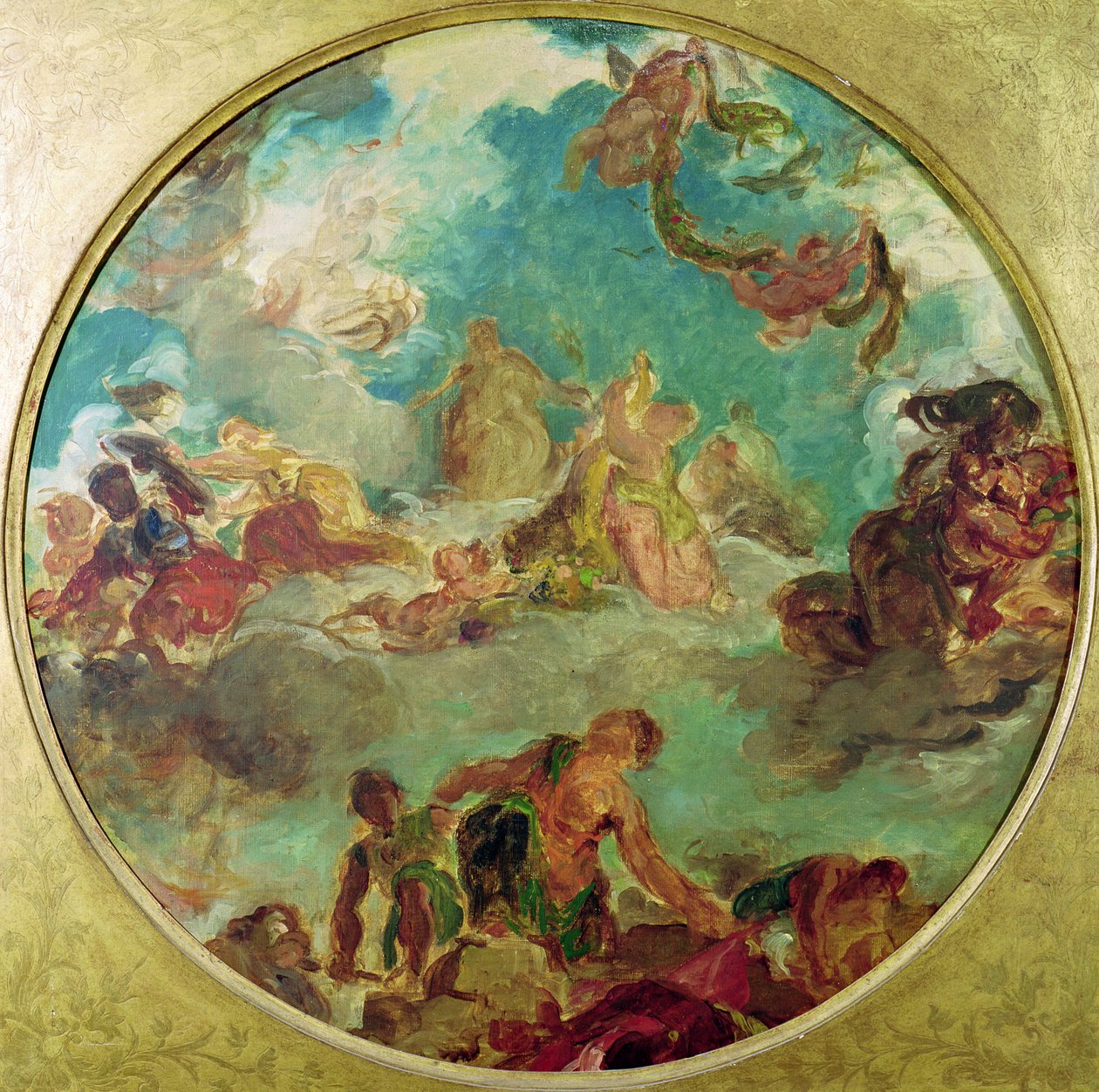 Pokój schodzący na ziemię, studium centralnego sufitu Salon de la Paix w hotelu de Ville zniszczonym w 1871 r. podczas Komuny autorstwa Ferdinand Victor Eugene Delacroix