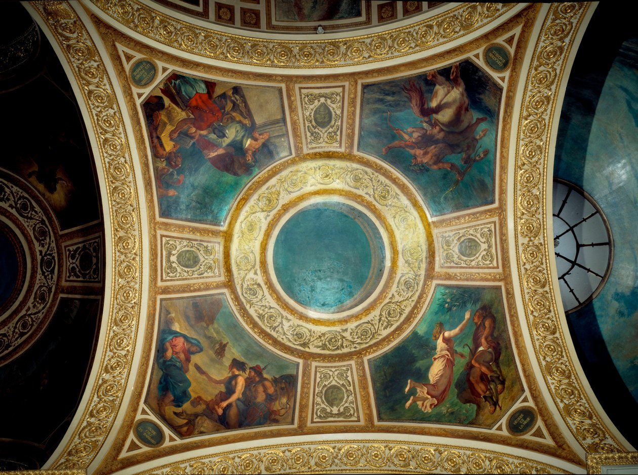 Poezja: Owidiusz wśród barbarzyńców, Aleksander i wiersze Homera, edukacja Achillesa, greckiego poety Hezjody i muzy” Obraz Eugene Delacroix (1798-1863) zdobiący piątą kopułę biblioteki Zgromadzenia Narodowego, ok. 1846 Palais autorstwa Ferdinand Victor Eugene Delacroix