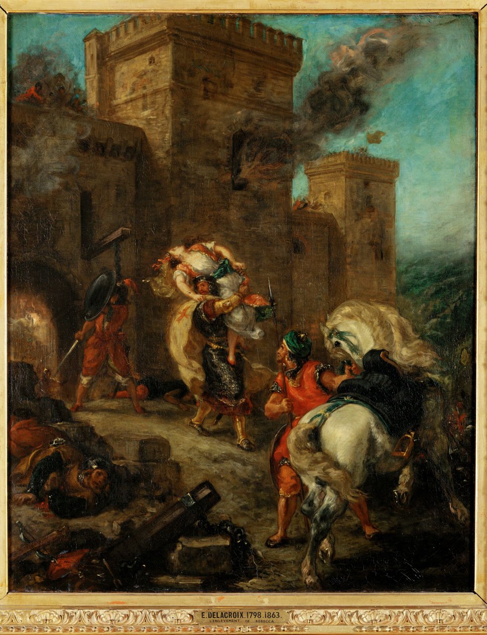 Rebeka porwana przez templariusza podczas plądrowania zamku Frondeboeuf - Rebeka zgwałcona przez templariusza podczas ... autorstwa Ferdinand Victor Eugene Delacroix