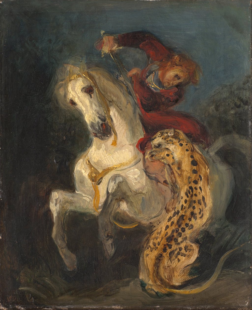 Jeździec zaatakowany przez Jaguara autorstwa Ferdinand Victor Eugene Delacroix
