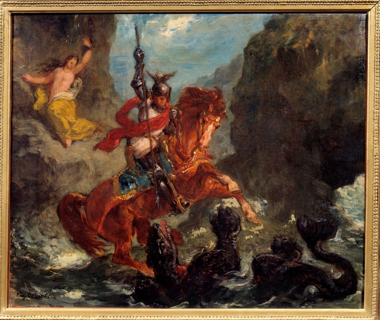 Roger deivrant Angelique (Angelica) dostarczona potworowi przez piratów zostaje wyzwolona przez Rogera (Ruggero, Ruggiero) jadącego na hipogryfie - Ilustracja do „Wściekły Roland” (Orlando Furioso) autorstwa Ludovica Ariosto (Arioste) - Obraz Eugene Delacr autorstwa Ferdinand Victor Eugene Delacroix