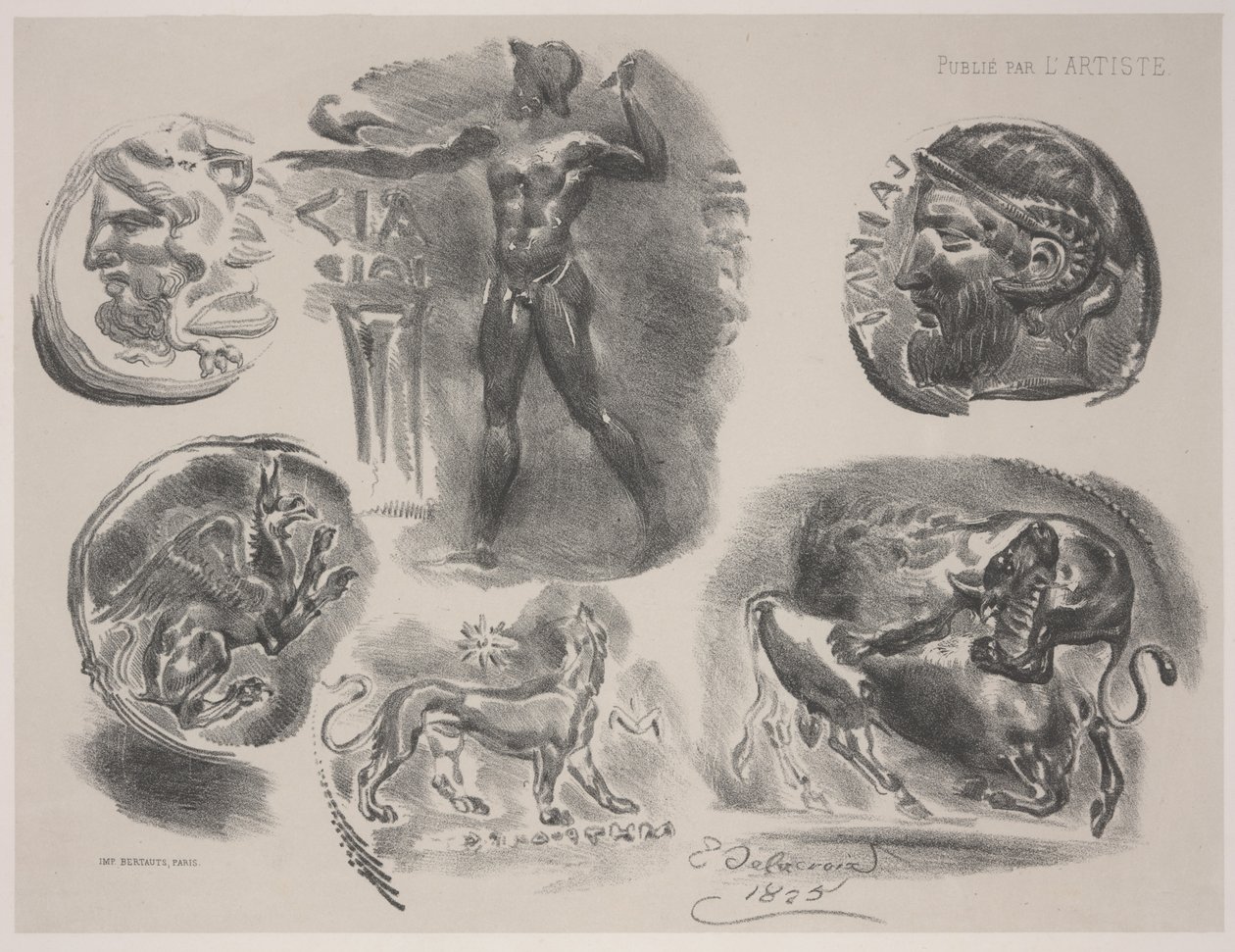Arkusz sześciu starożytnych medali autorstwa Ferdinand Victor Eugene Delacroix