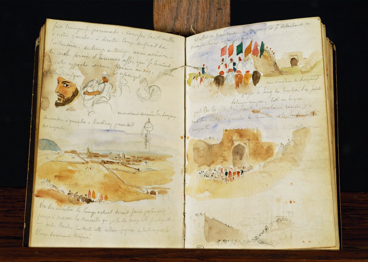 Szkice Arabów, krajobrazy Maroka, arabskie tłumy, brama Meknes i odręczne notatki ... autorstwa Ferdinand Victor Eugene Delacroix