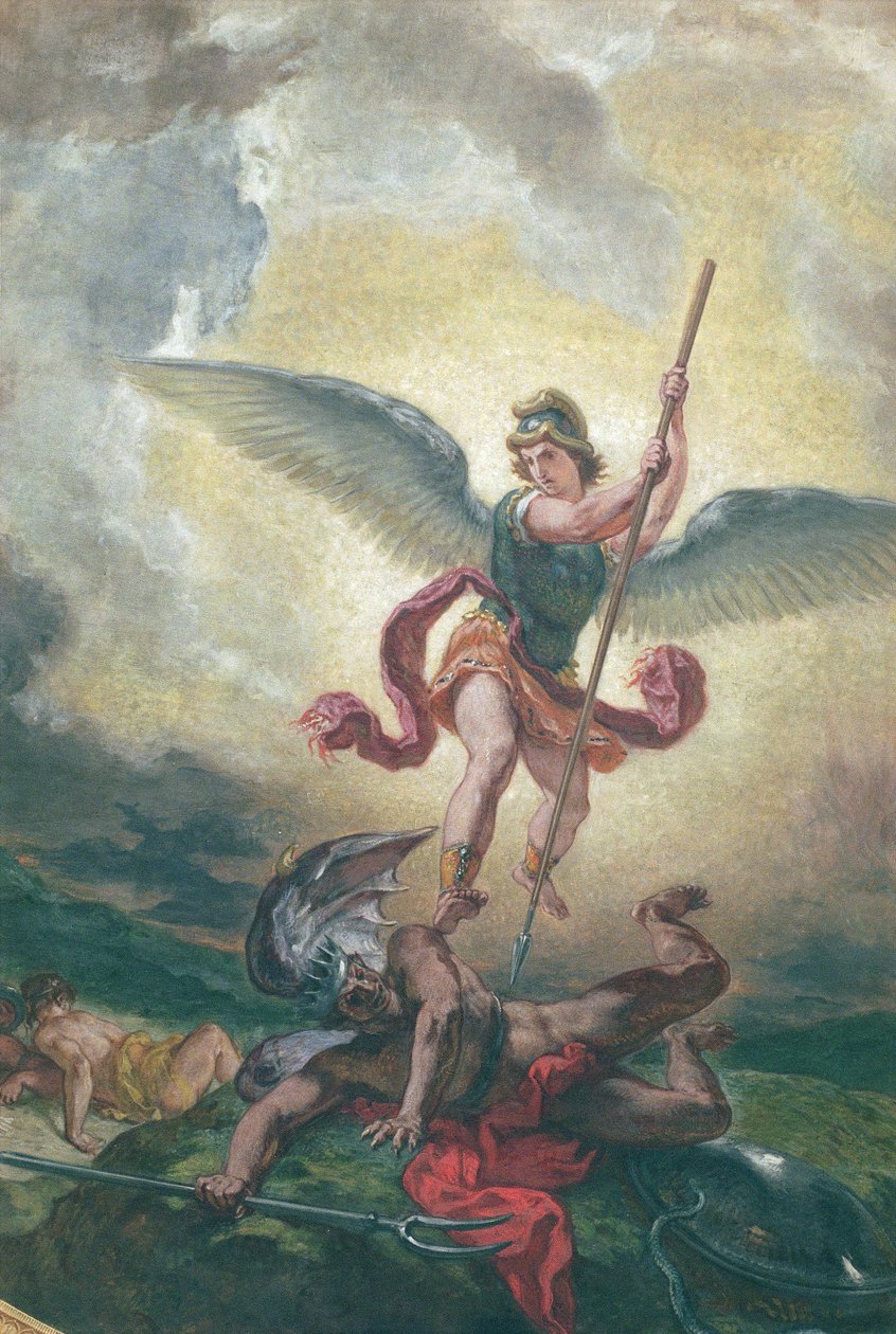 Michał walczący ze smokiem, detal, kaplica Świętych Aniołów 1849-1861 (olej i wosk na gipsie) autorstwa Ferdinand Victor Eugene Delacroix