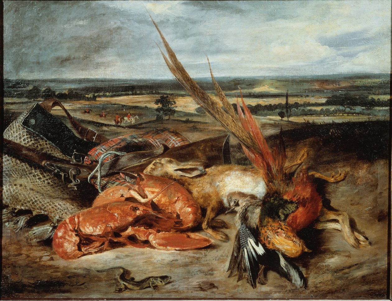 Martwa natura z homarem i trofeami myśliwskimi i wędkarskimi - olej na płótnie autorstwa Ferdinand Victor Eugene Delacroix