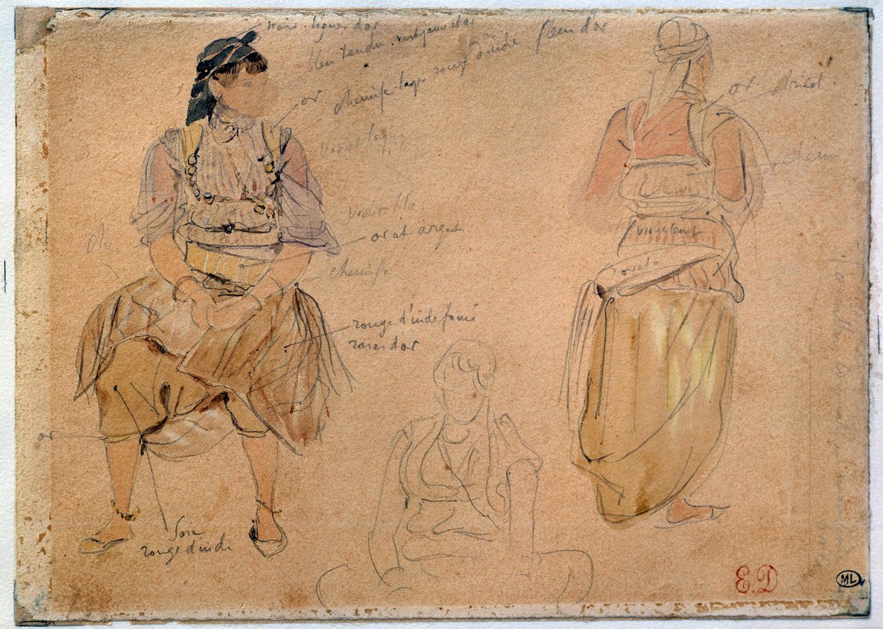 Studia nad kobietami arabskimi Rysowanie kopalni ołowiu z akwarelą, Eugene Delacroix (1798-1863) 1832 Paryż, Luwr autorstwa Ferdinand Victor Eugene Delacroix